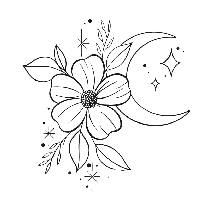 Minimalist fine-line tattoo of a crescent moon cradling a delicate bouquet of wildflowers with soft dotwork shading.