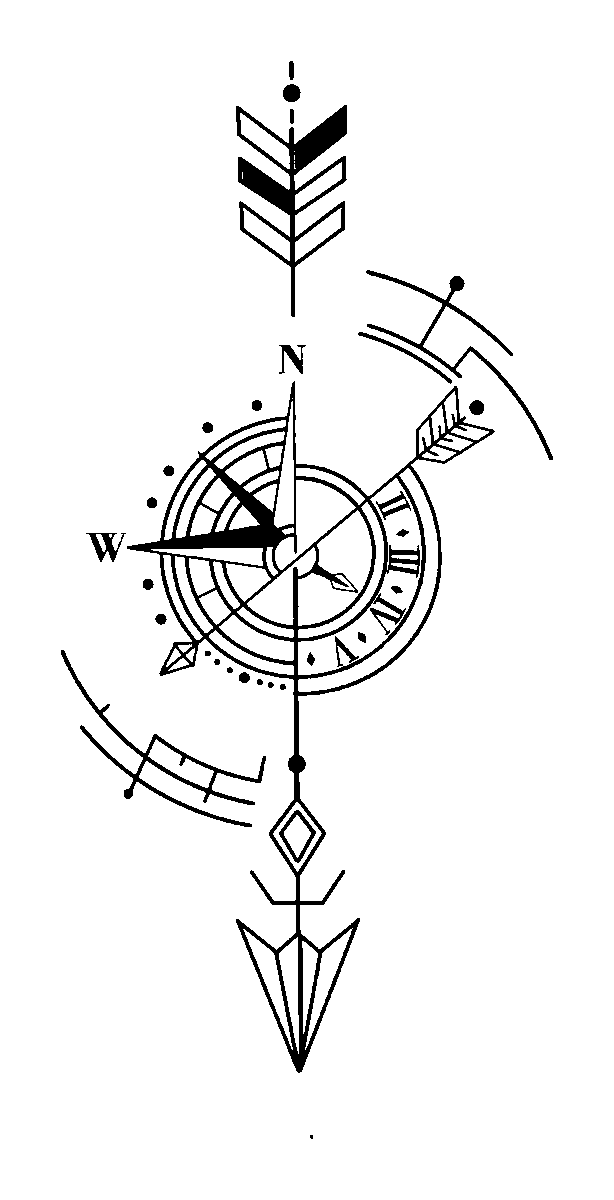A vertical geometric tattoo design featuring an arrow piercing a combined compass rose and Roman numeral clock face.