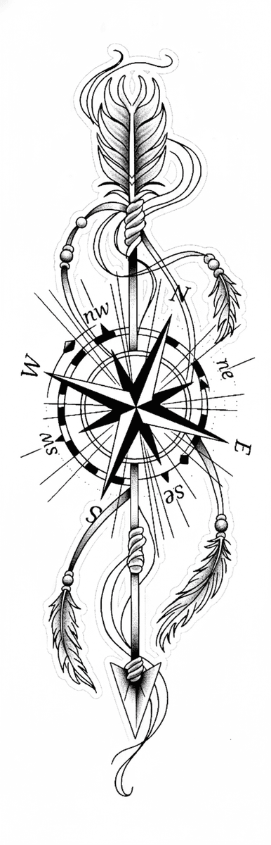 A tattoo design of an arrow piercing a compass rose with hanging beaded feathers and stipple shading.