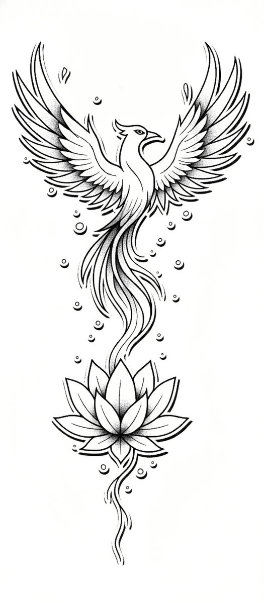 Ascending phoenix rising from a blooming stippled lotus flower in an illustrative blackwork tattoo design.