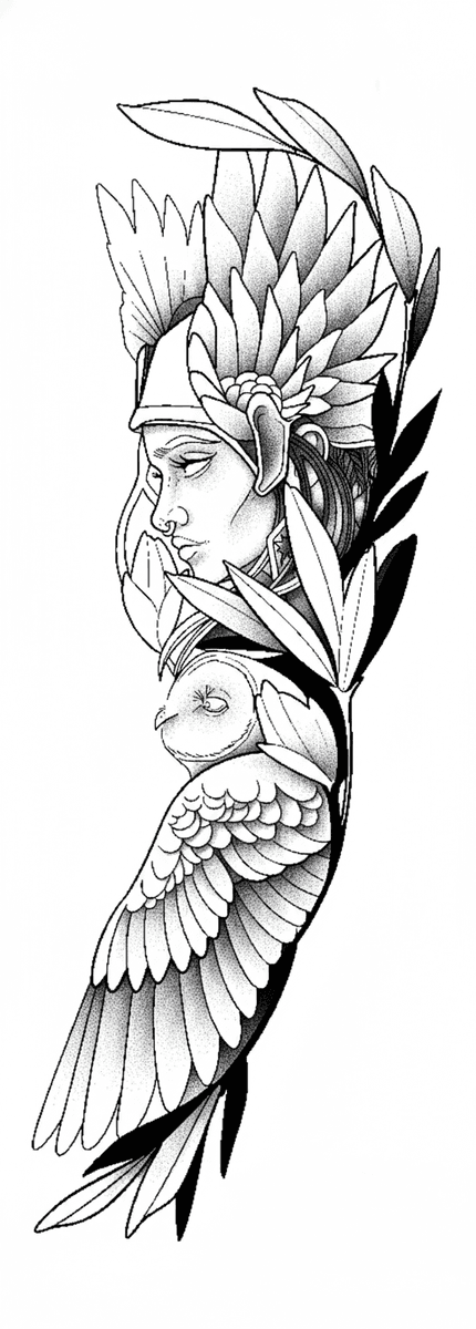 Tattoo design of Athena in a winged helmet framed by a perched owl and olive leaves with stippling.