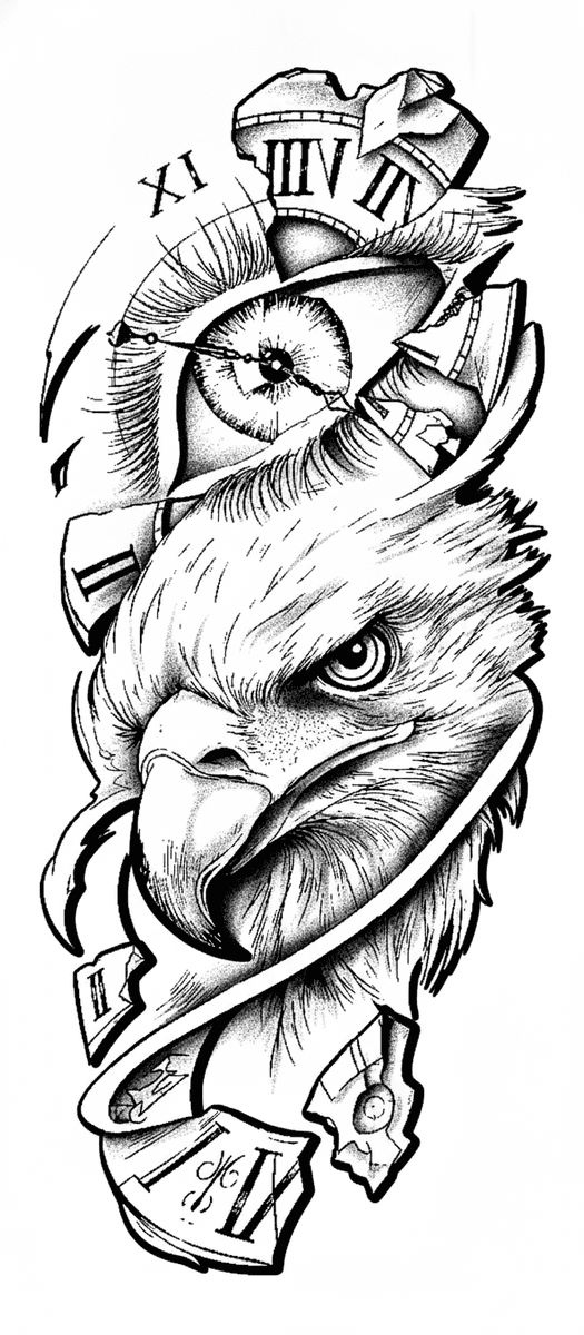 Tattoo design of a bald eagle emerging through a shattered Roman numeral clock face and an eye with stippled shading.