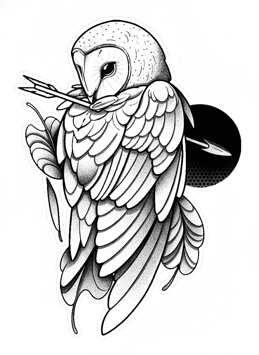 Tattoo design of a barn owl holding an arrow in its beak with detailed stipple shading and stylized leaves.