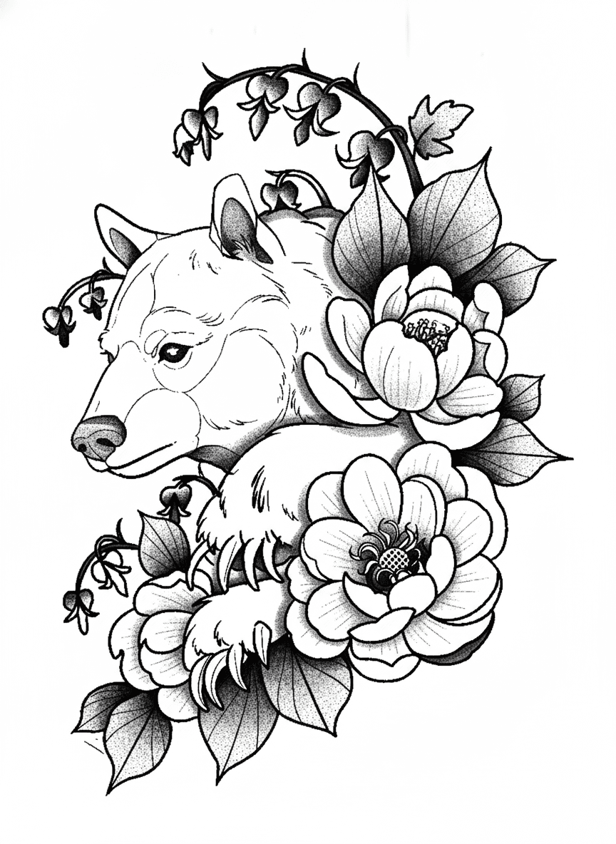 Tattoo design of a bear framed by blooming peonies and bleeding heart flowers with stippled shading.