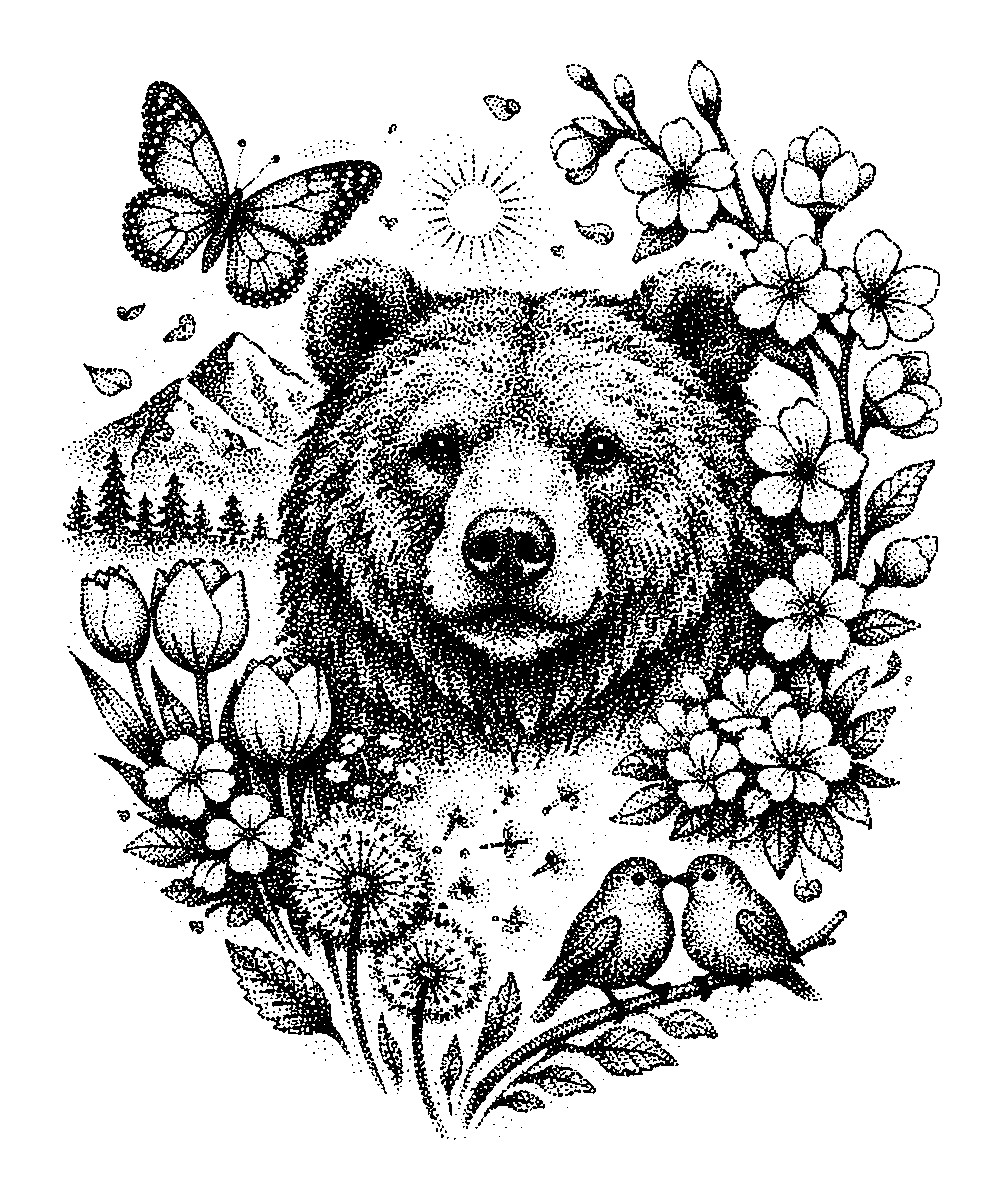 Dotwork tattoo design of a bear head framed by blooming cherry blossoms, a butterfly, and perching birds.