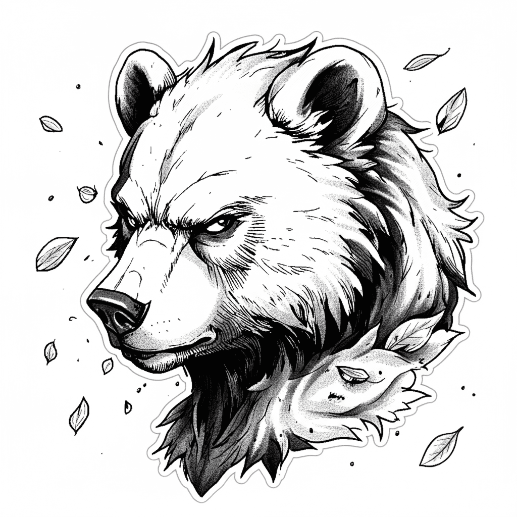 Bear head framed by falling leaves tattoo design featuring bold outlines and stippled blackwork shading.