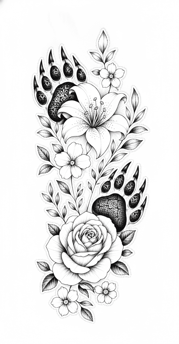 Tattoo design of patterned bear paws intertwined with a blooming rose, lily, and delicate floral branches.