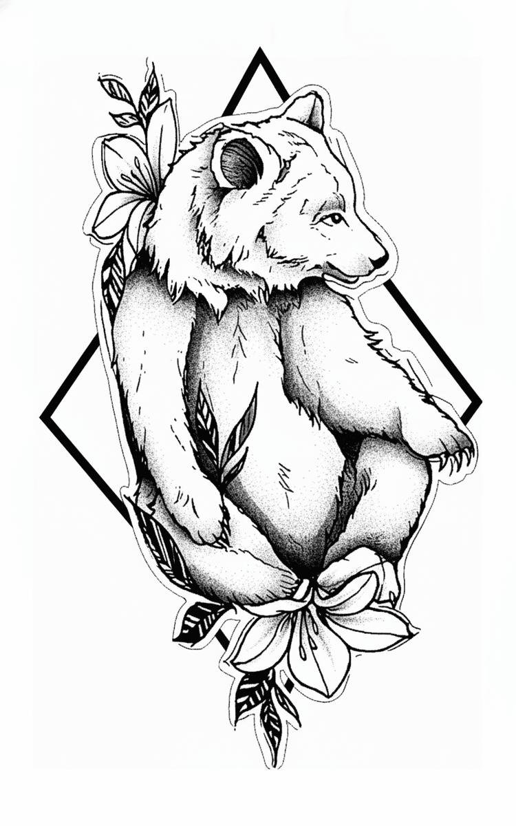 Tattoo design of a bear resting inside a diamond frame surrounded by blooming lilies with dotwork shading.