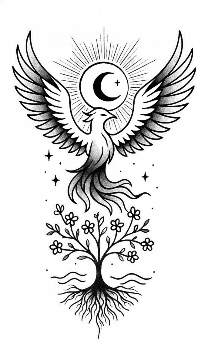 Blackwork tattoo of an ascending phoenix above a rooted blooming tree and a radiant crescent moon.