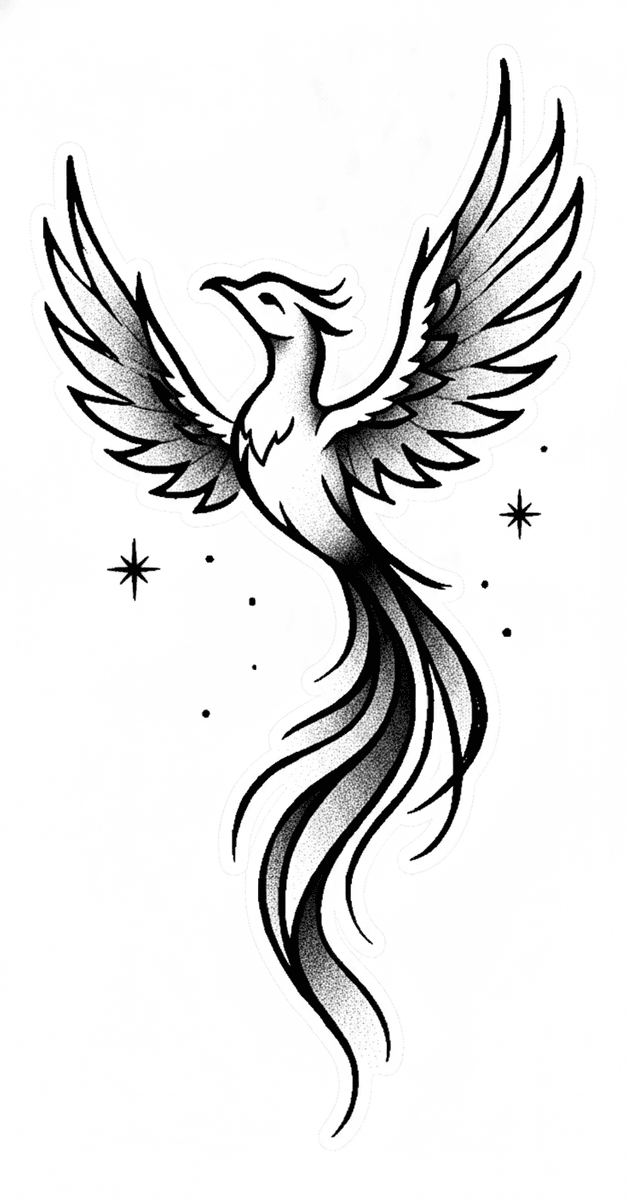 Blackwork ascending phoenix tattoo design featuring stippled shading, long flowing tail feathers, and sparkle stars.