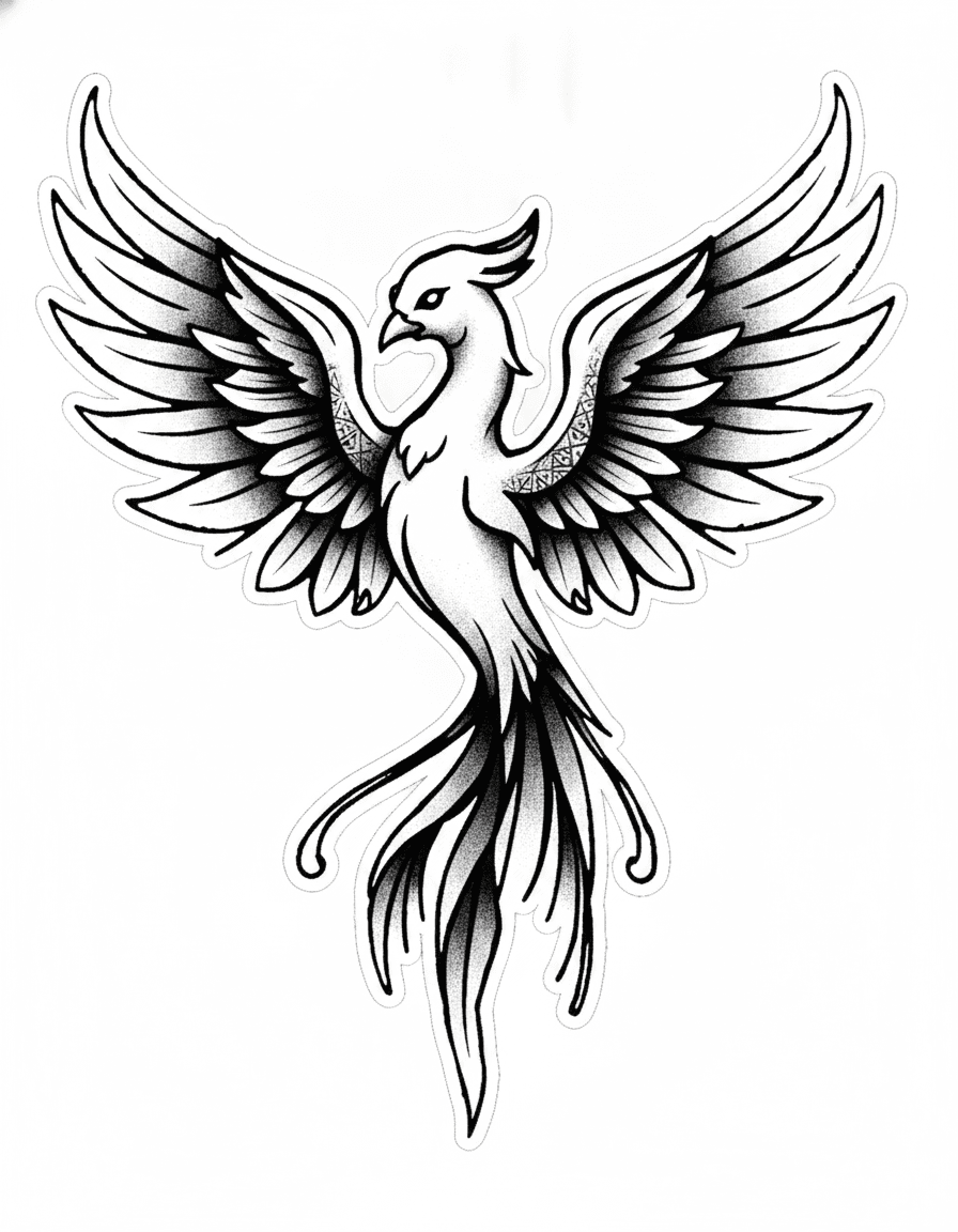 Blackwork illustrative phoenix tattoo design with outstretched stippled wings and flowing tail plumage.
