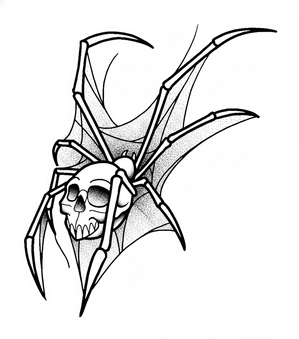 Blackwork tattoo flash of a haunting skull spider with sharp arachnid legs and stippled web background.