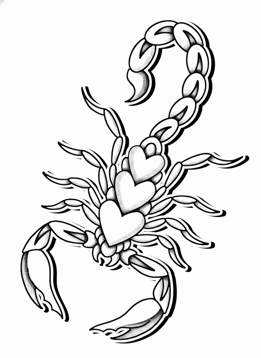 Blackwork scorpion tattoo design featuring stacked heart body segments, curved stinger, and stippled whip shading.