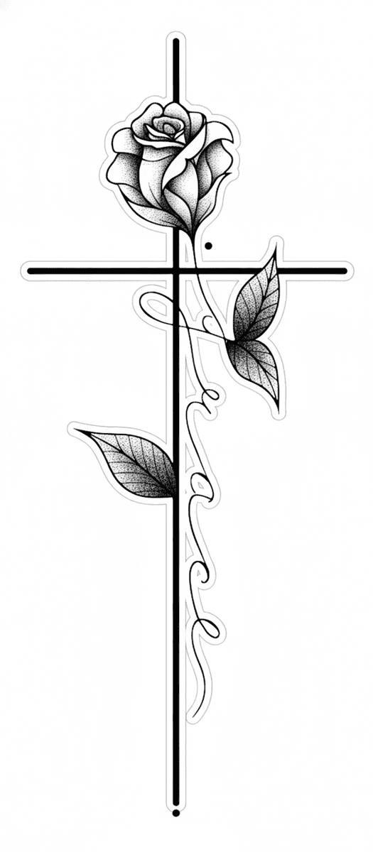 Tattoo design of a blooming rose intertwined with a Latin cross and cursive script with dotwork shading.