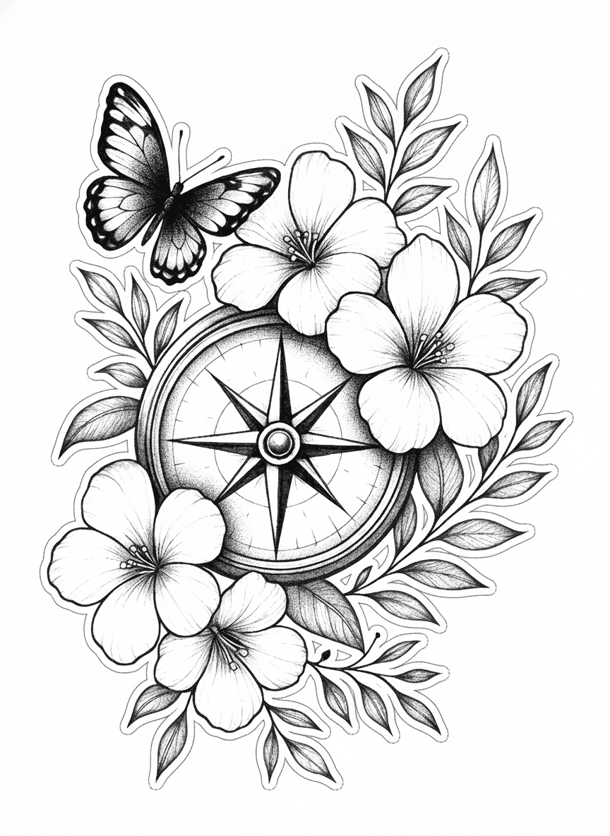 Tattoo design of a navigational compass framed by blooming cherry blossoms and a butterfly with stippled shading.