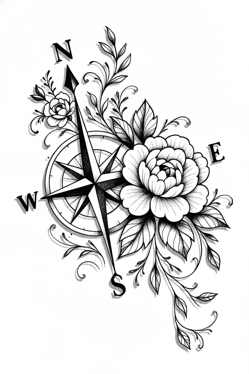 Tattoo design of a compass rose intertwined with a blooming peony and dotwork shaded foliage.
