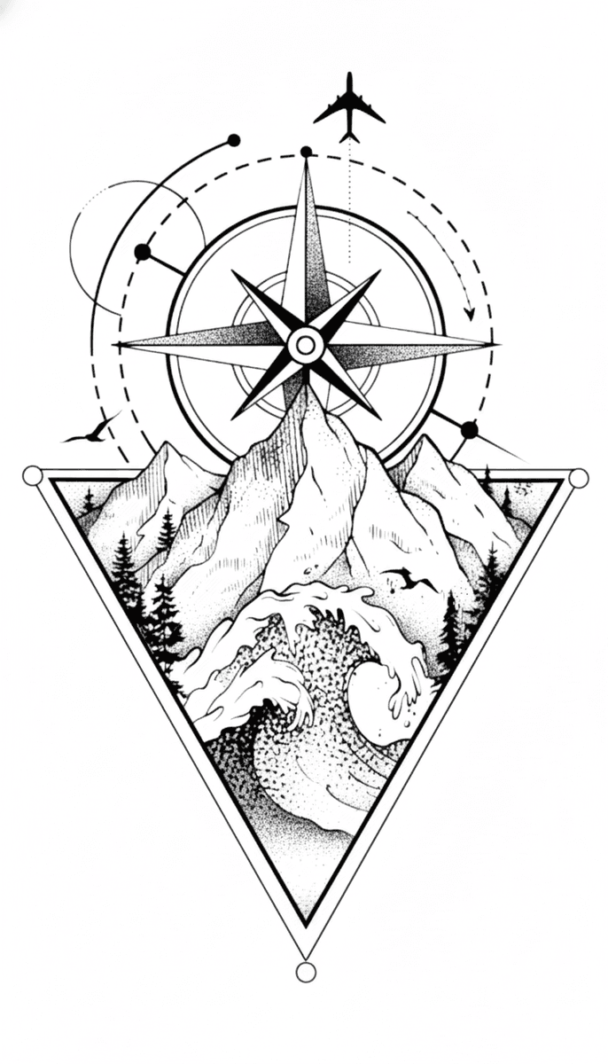 Geometric tattoo design of a compass rose set above mountains and an ocean wave with dotwork shading.