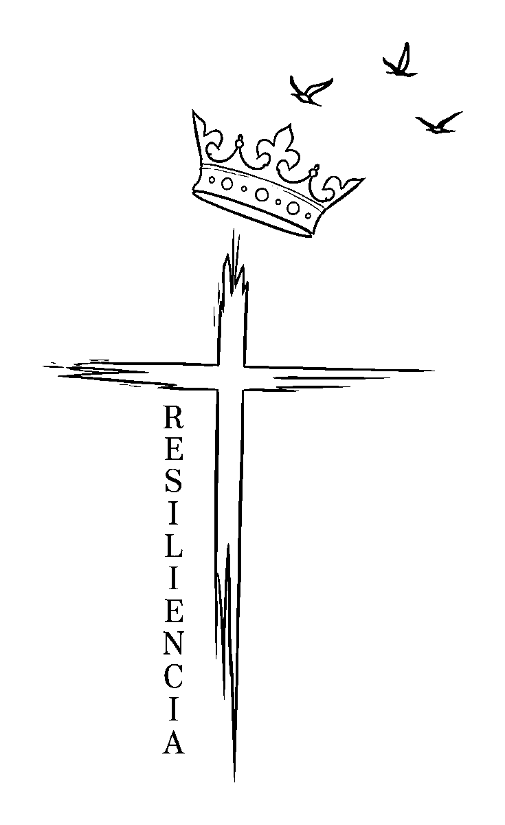 Tattoo design featuring a stylized cross beneath a floating crown, flying birds, and the word Resiliencia.
