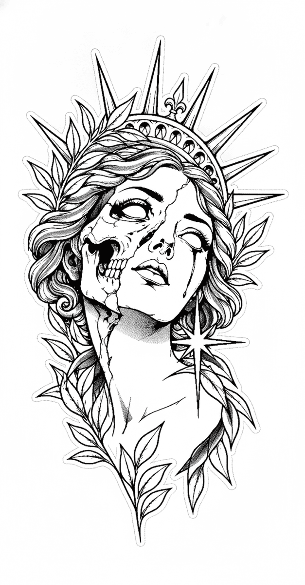 Tattoo design of a crowned woman's face splitting to reveal a skull, framed by laurel leaves and a spiked crown.