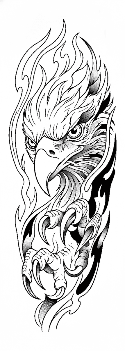 Tattoo design of an eagle extending sharp talons framed by stylized flames rendered with blackwork shading.