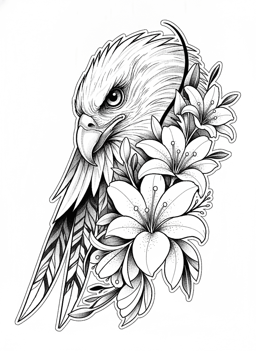 Tattoo design of an eagle head framed by blooming lilies with precise linework and dotwork shading.