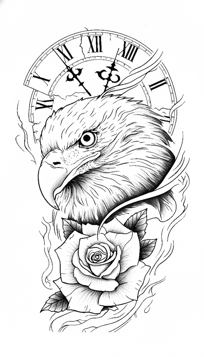 Illustrative tattoo design of an eagle head framed by a cracked clock and blooming rose with dotwork shading.
