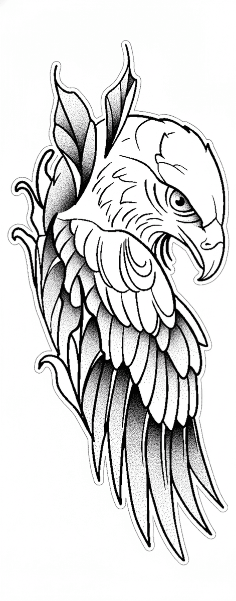 Tattoo design of an eagle head turned over layered wing feathers with bold outlines and stippled shading.