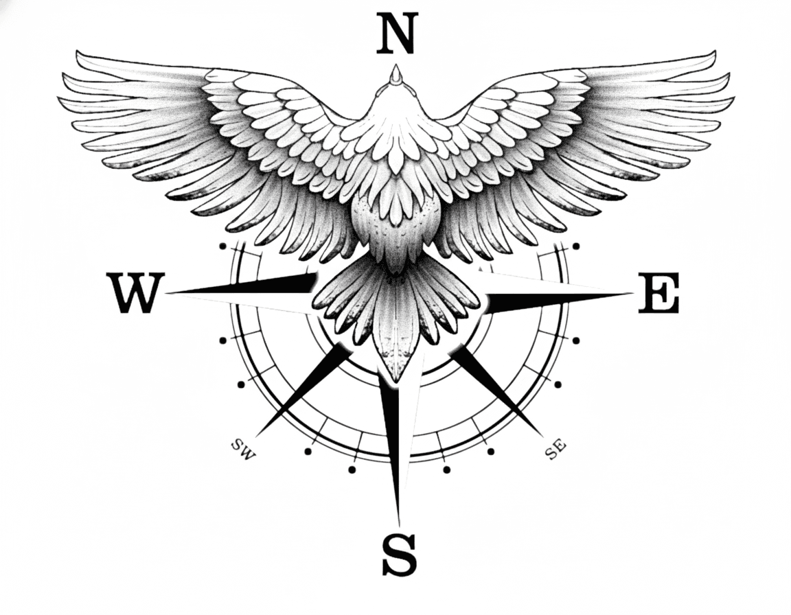 Tattoo design of an eagle spreading its wings over a detailed nautical compass rose with stippled shading.