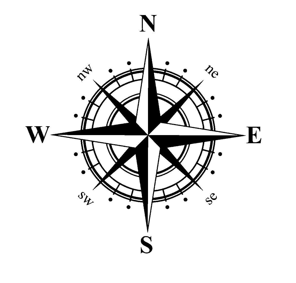 A tattoo design of an eight-pointed compass rose framed by circular dial rings and cardinal direction markings.