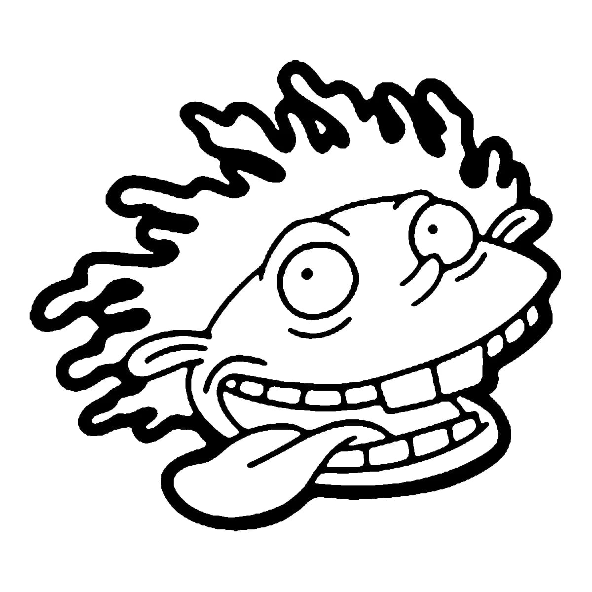 Bold black outline tattoo design of a crazy 90s cartoon character with wild hair, bulging eyes, and tongue out.