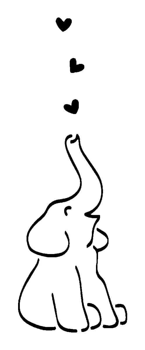 Minimalist outline of a baby elephant blowing three small hearts from its trunk.