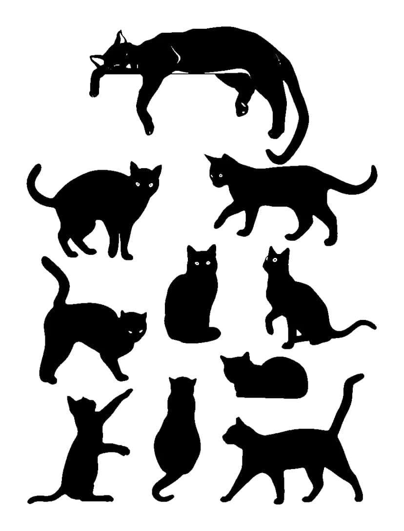 Collection of minimalist black cat silhouette tattoo designs in various dynamic poses.