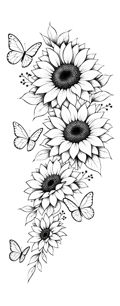 Vertical blackwork tattoo design featuring cascading blooming sunflowers with stippled shading and fluttering butterflies.