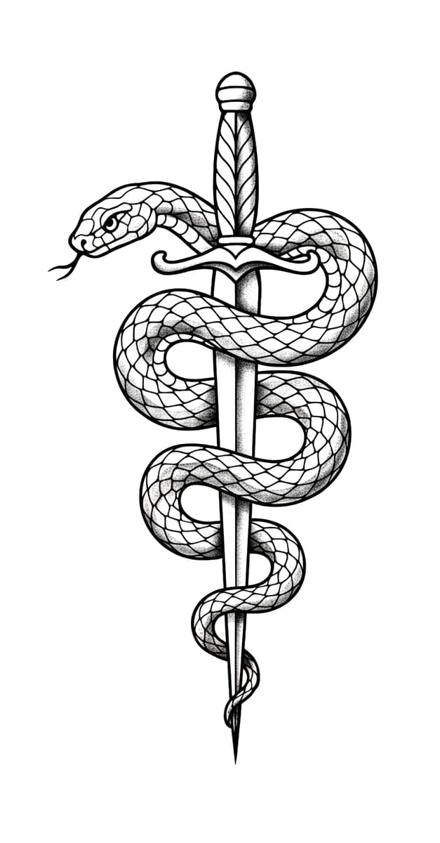 Blackwork tattoo of a textured serpent coiled gracefully around an ornate stippled dagger.
