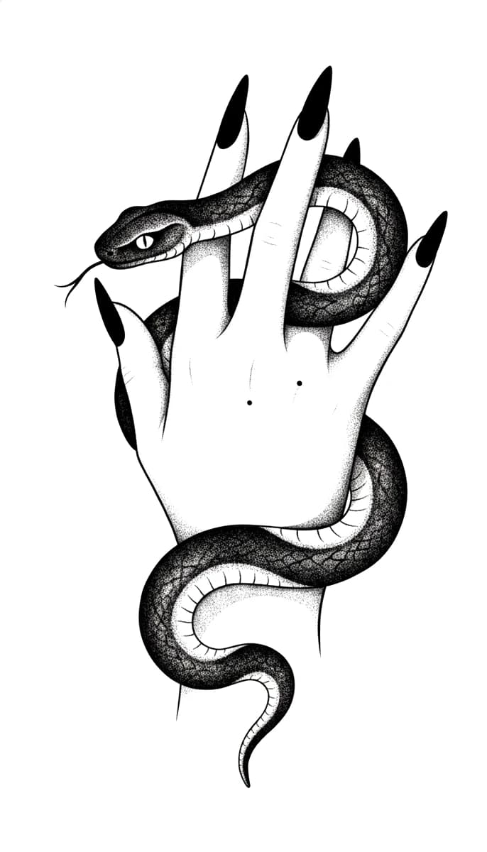 Blackwork tattoo of a textured serpent coiled around a hand with long black nails, detailed with stippling.