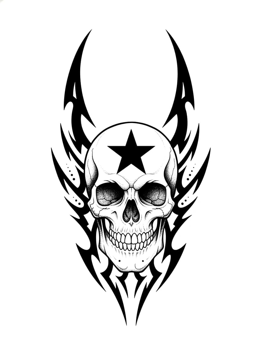 Blackwork skull tattoo design with a black star on the forehead, flanked by sharp tribal spikes with stippled shading.