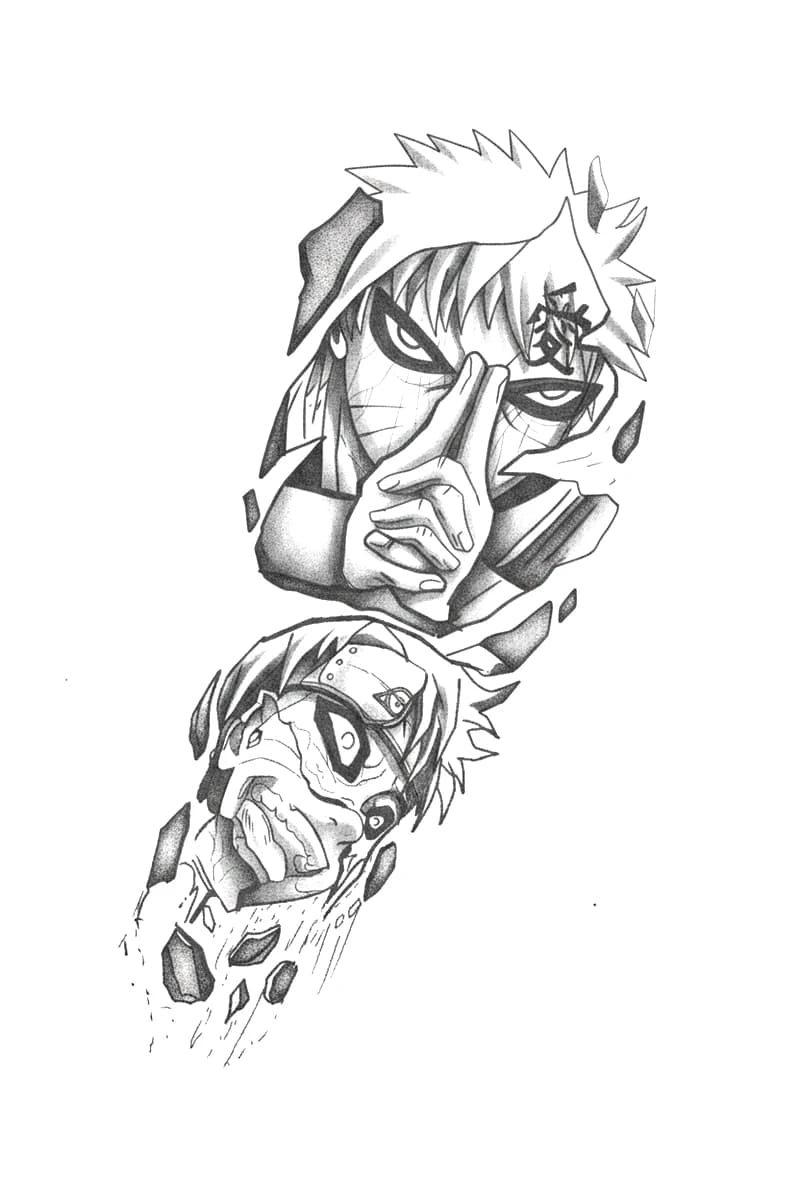 Blackwork illustrative tattoo design featuring Gaara from Naruto forming a hand sign over a cracked sand transformation po...
