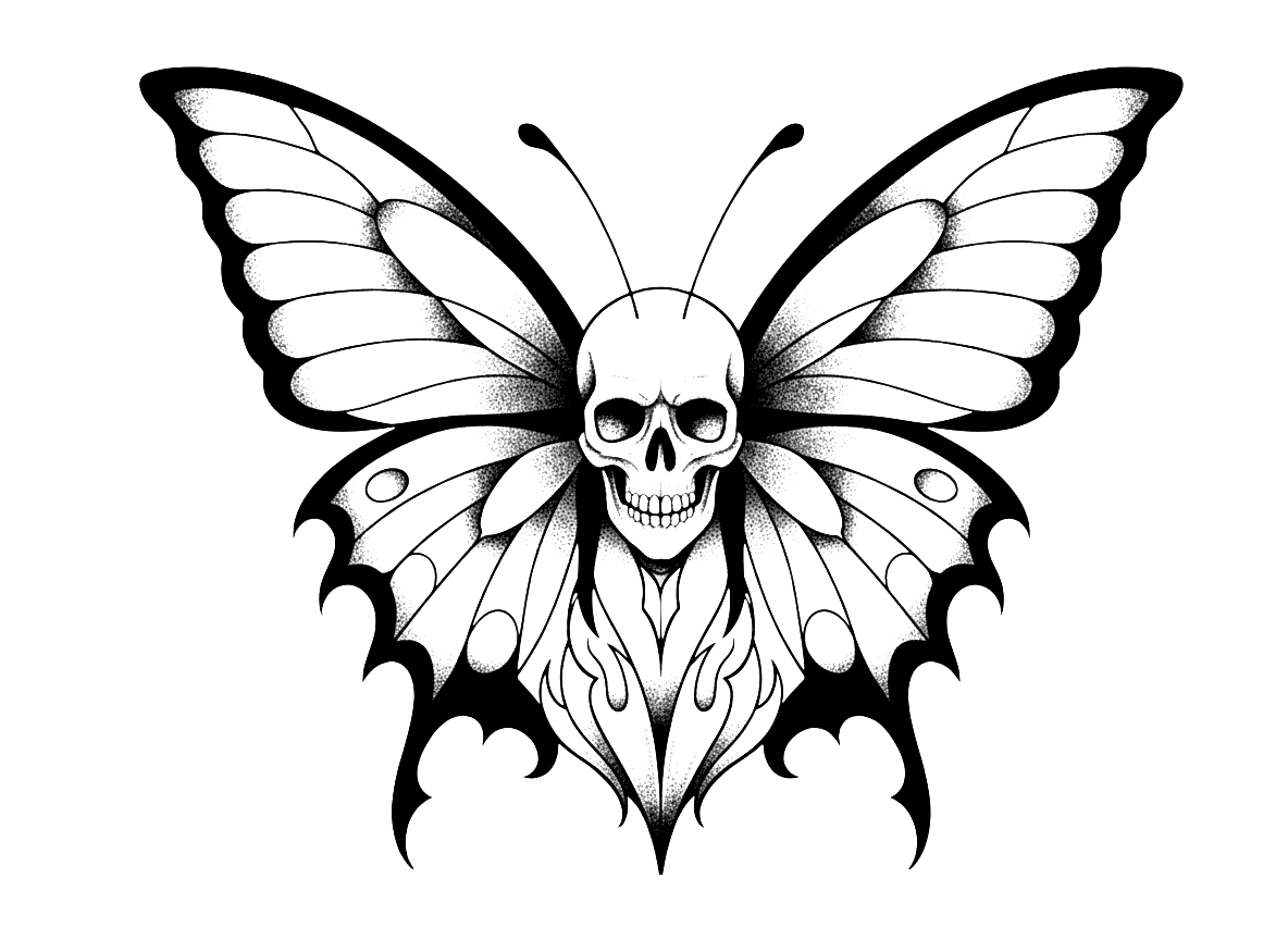 Blackwork tattoo design of a skull butterfly with stippled shading and symmetrical outspread wings.