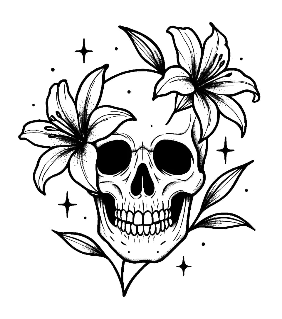 Blackwork tattoo design of a human skull framed by blooming lilies, lanceolate leaves, and twinkling stars with stippling.