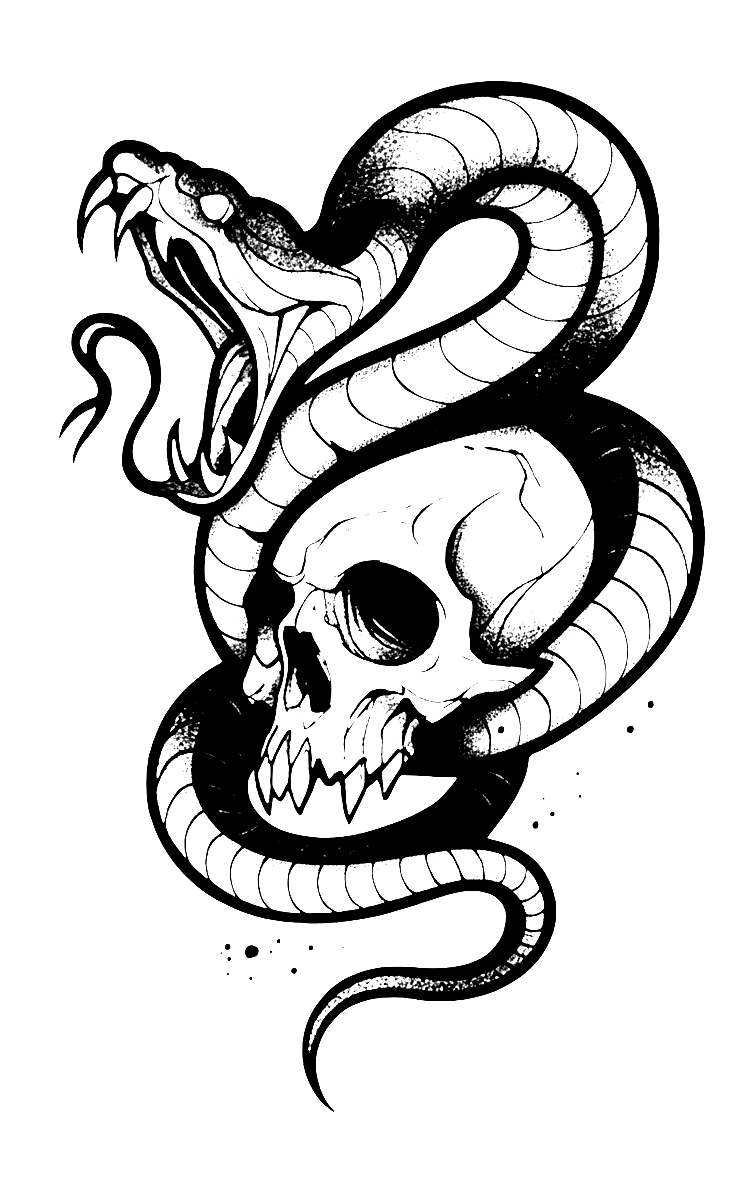 Blackwork tattoo flash of an aggressive striking snake with open fangs coiled around a human skull with dotwork shading.