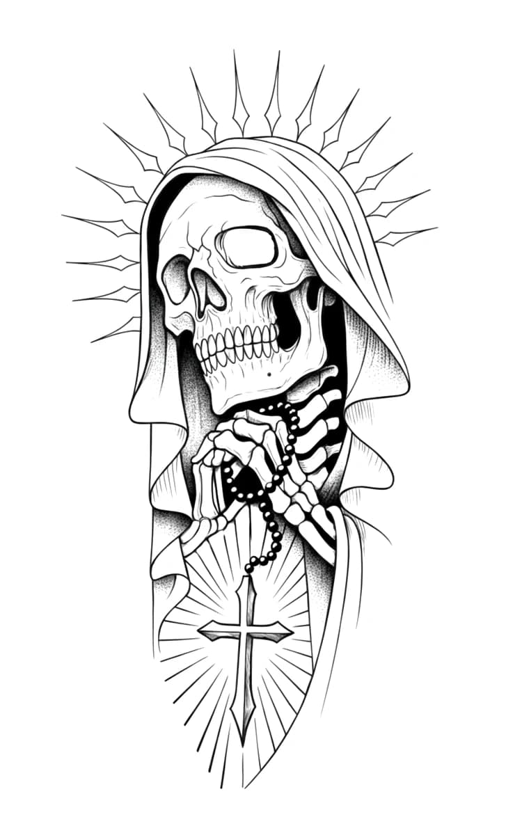 Illustrative blackwork veiled skull with praying skeletal hands, radiant halo, and sacred rosary cross.