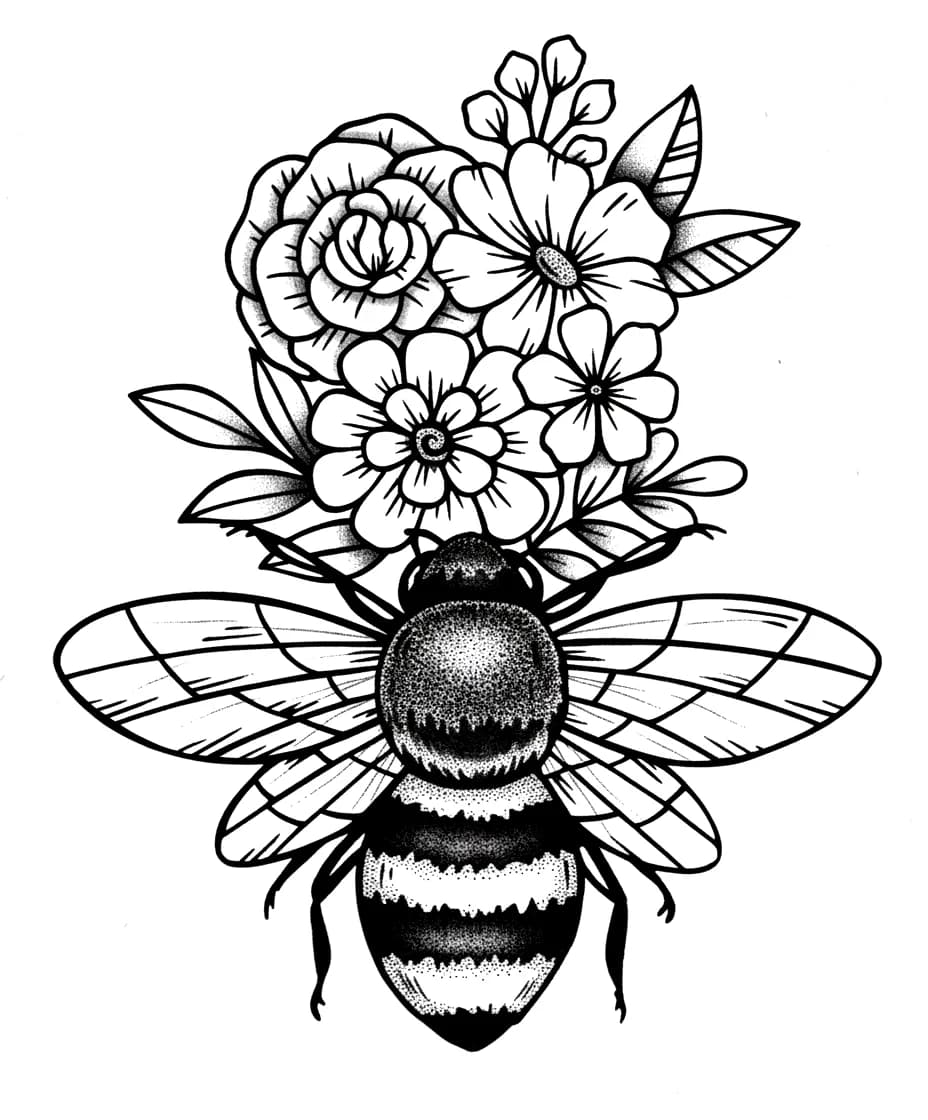 Illustrative blackwork tattoo design of a fuzzy bumblebee with a crown of roses and daisies.