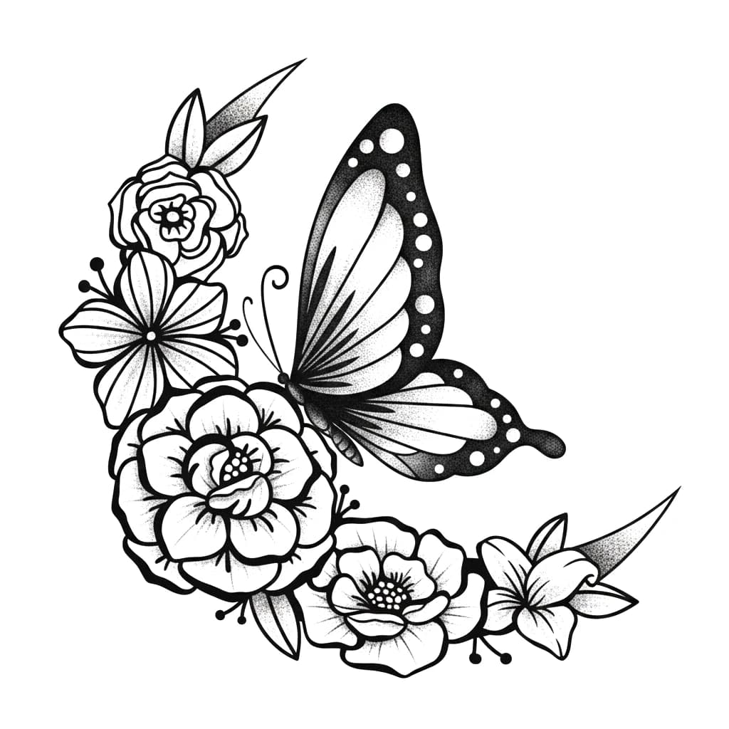 Butterfly and Floral Crescent Tattoo Design