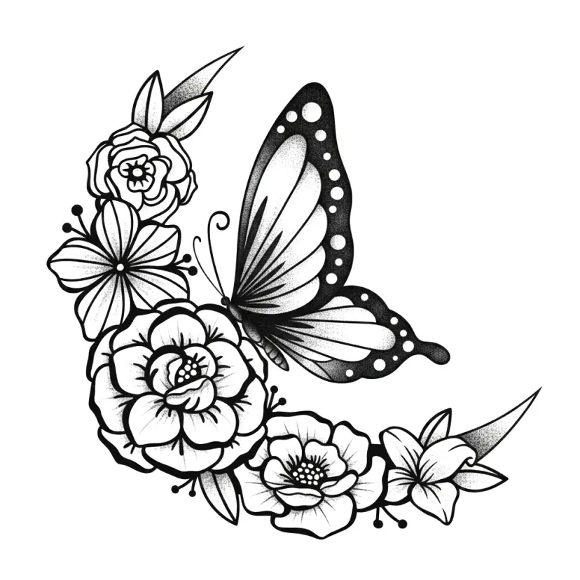 Illustrative blackwork tattoo design featuring a butterfly perched on a crescent-shaped floral bouquet with stippling.
