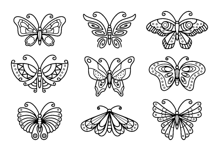 Nine minimalist black ink butterfly and moth designs with decorative geometric wing patterns.