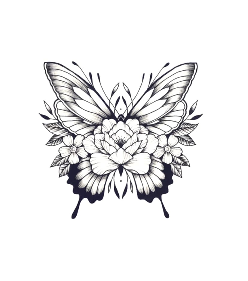 Symmetrical blackwork tattoo design depicting a butterfly with a central peony and side cherry blossoms.