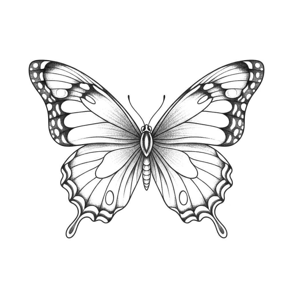 Symmetrical blackwork butterfly tattoo design with stippled shading.