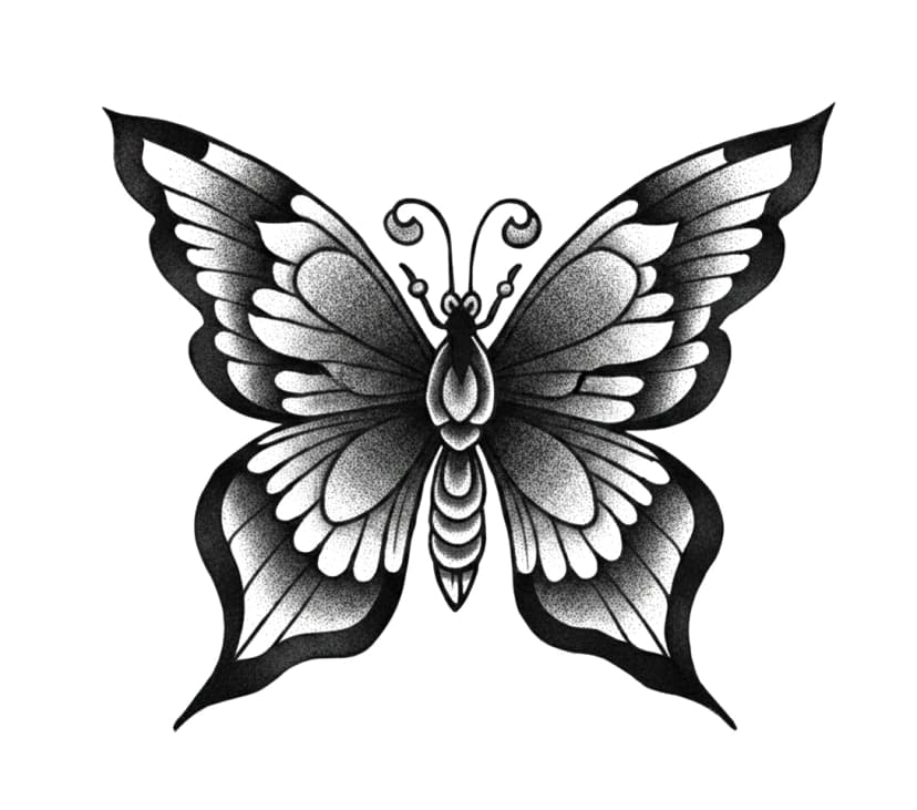 Symmetrical blackwork butterfly tattoo design with stippled shading.