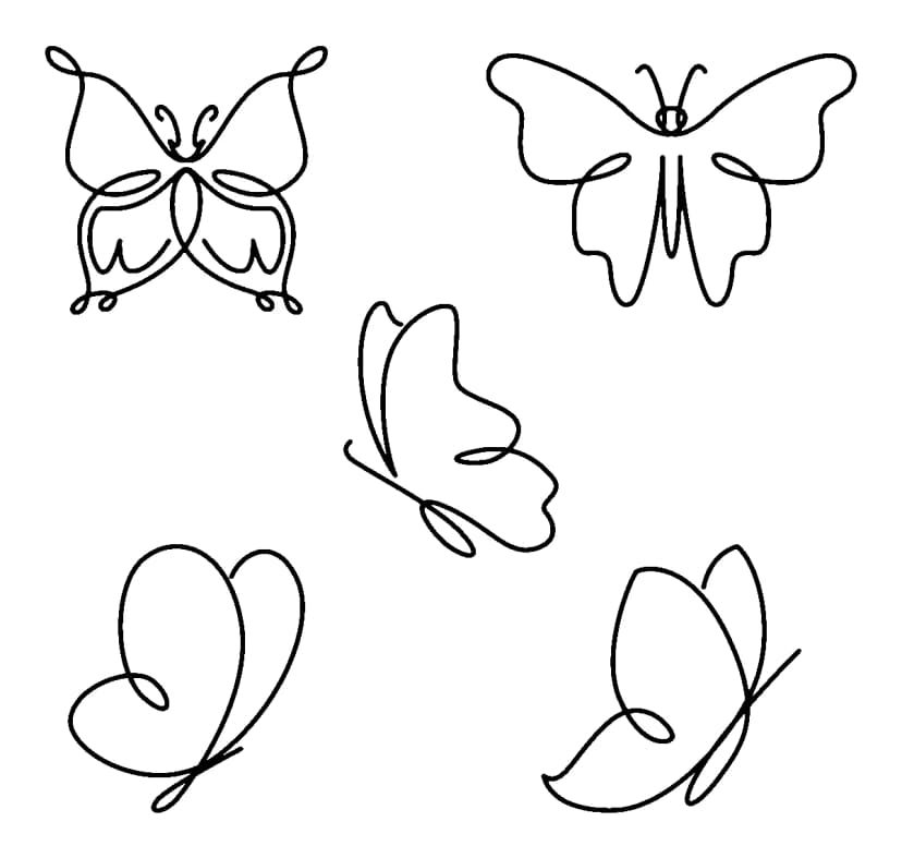 Five minimalist continuous line butterfly tattoo designs in black ink.