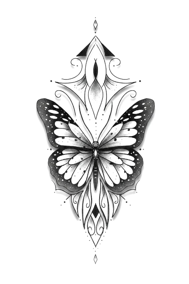 Symmetrical ornamental butterfly with geometric accents and soft stippled shading.